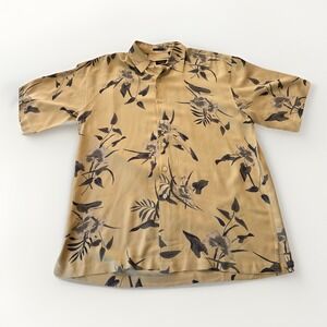 Izod Men's Short Sleeve Button Up Shirt Medium Yellow Floral 100% Silk